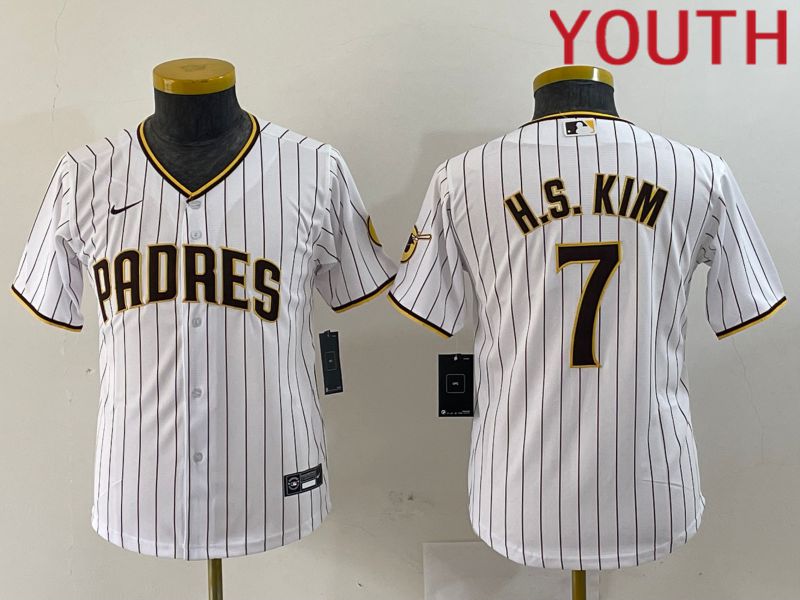 Youth San Diego Padres #7 H.S.Kim White stripe Game 2024 Nike MLB Jersey style 1